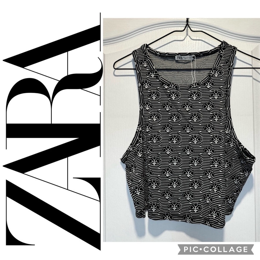 44- Zara Black & White Printed Cropped Tank Top – Sleeveless – BNWOT - Picture 1 of 6